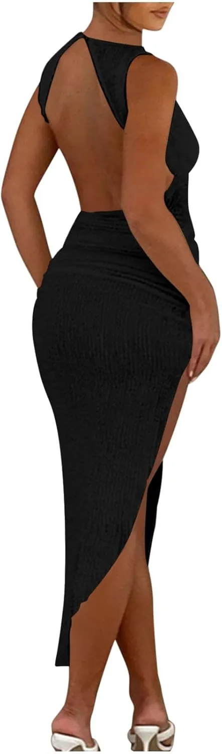 XUNRYAN Womens Sexy Bodycon Dresses Chunky Knit Semi-See-Through Cutout Backless Maxi Dress High Neck Vacation Beach Coverup