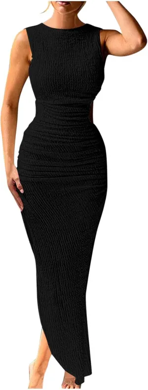 XUNRYAN Womens Sexy Bodycon Dresses Chunky Knit Semi-See-Through Cutout Backless Maxi Dress High Neck Vacation Beach Coverup