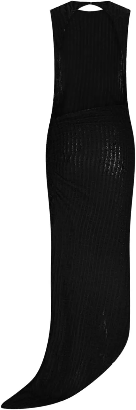 XUNRYAN Womens Sexy Bodycon Dresses Chunky Knit Semi-See-Through Cutout Backless Maxi Dress High Neck Vacation Beach Coverup