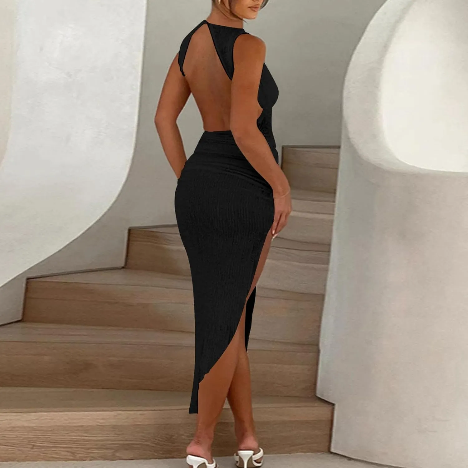 XUNRYAN Womens Sexy Bodycon Dresses Chunky Knit Semi-See-Through Cutout Backless Maxi Dress High Neck Vacation Beach Coverup