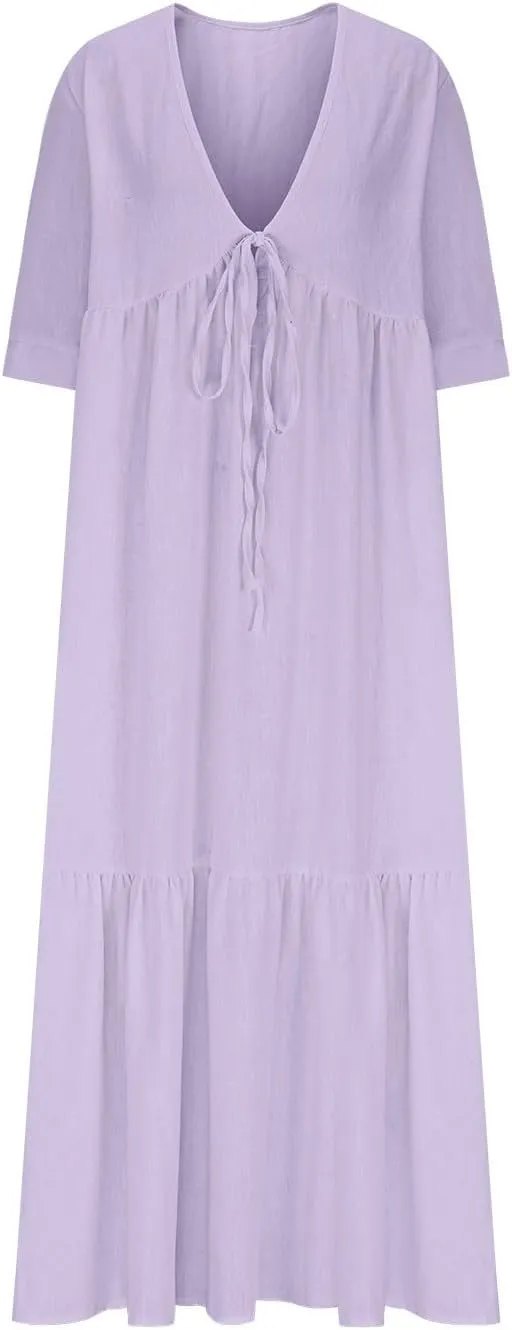 XUNRYAN Women's Summer Boho Dresses Cotton Linen Tiered Casual Flowy Deep V-Neck Tie Maxi Dress Long Sundress Beach Coverup