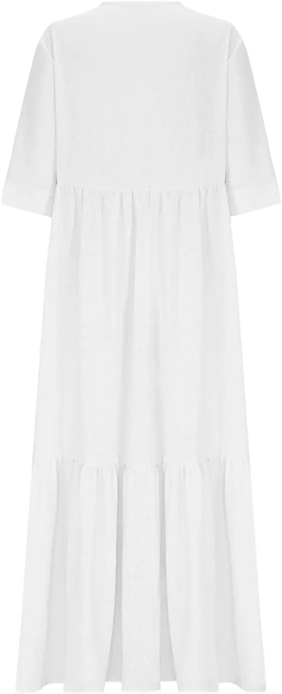 XUNRYAN Women's Summer Boho Dresses Cotton Linen Tiered Casual Flowy Deep V-Neck Tie Maxi Dress Long Sundress Beach Coverup