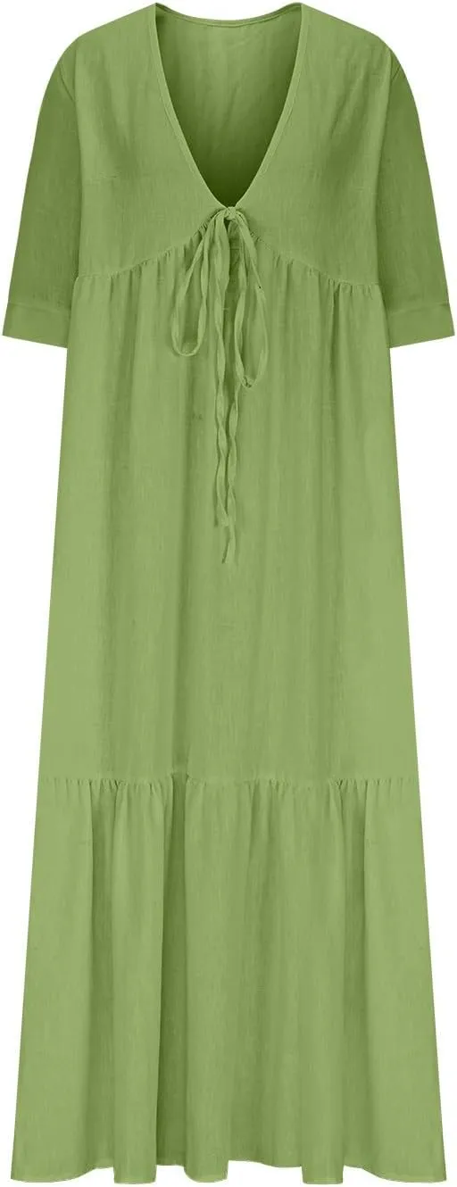 XUNRYAN Women's Summer Boho Dresses Cotton Linen Tiered Casual Flowy Deep V-Neck Tie Maxi Dress Long Sundress Beach Coverup