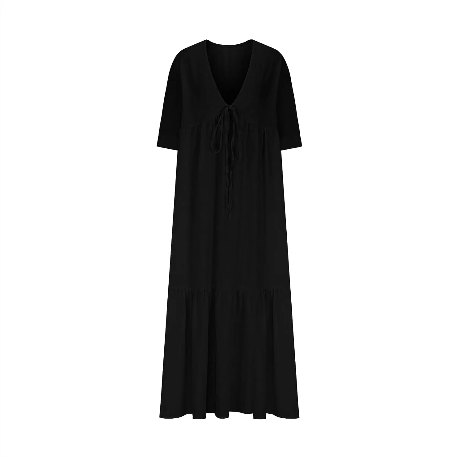 XUNRYAN Women's Summer Boho Dresses Cotton Linen Tiered Casual Flowy Deep V-Neck Tie Maxi Dress Long Sundress Beach Coverup