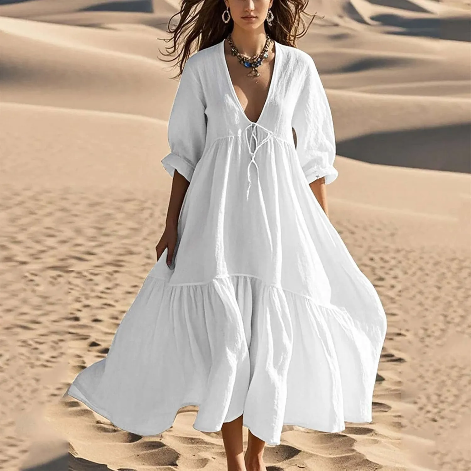 XUNRYAN Women's Summer Boho Dresses Cotton Linen Tiered Casual Flowy Deep V-Neck Tie Maxi Dress Long Sundress Beach Coverup