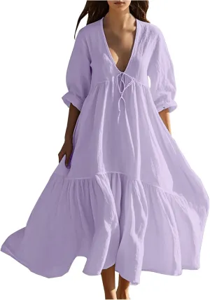 XUNRYAN Women's Summer Boho Dresses Cotton Linen Tiered Casual Flowy Deep V-Neck Tie Maxi Dress Long Sundress Beach Coverup