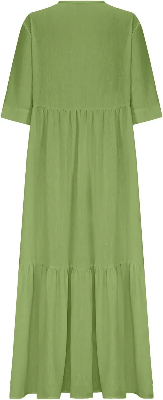 XUNRYAN Women's Summer Boho Dresses Cotton Linen Tiered Casual Flowy Deep V-Neck Tie Maxi Dress Long Sundress Beach Coverup