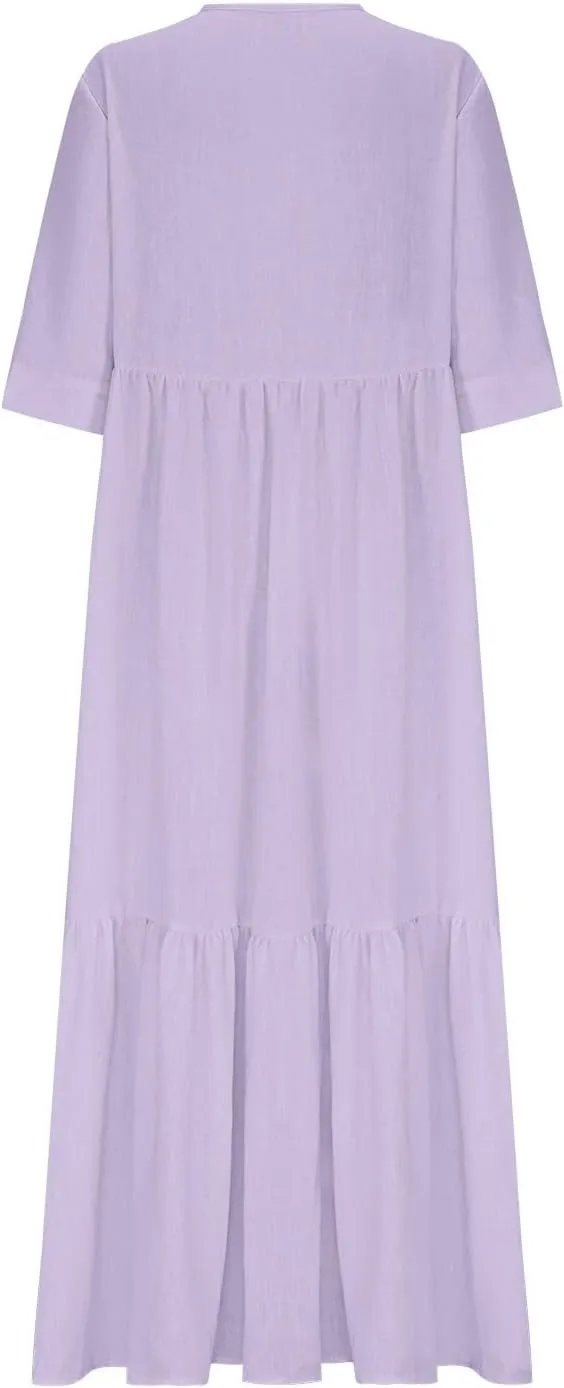 XUNRYAN Women's Summer Boho Dresses Cotton Linen Tiered Casual Flowy Deep V-Neck Tie Maxi Dress Long Sundress Beach Coverup