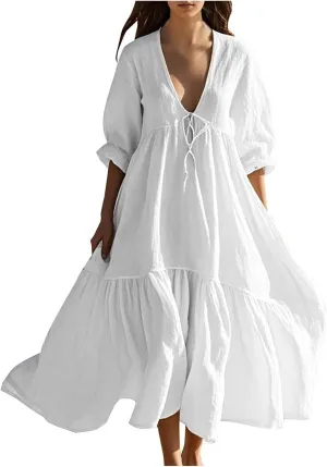 XUNRYAN Women's Summer Boho Dresses Cotton Linen Tiered Casual Flowy Deep V-Neck Tie Maxi Dress Long Sundress Beach Coverup