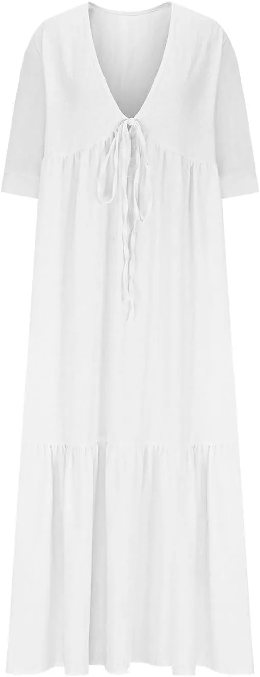 XUNRYAN Women's Summer Boho Dresses Cotton Linen Tiered Casual Flowy Deep V-Neck Tie Maxi Dress Long Sundress Beach Coverup