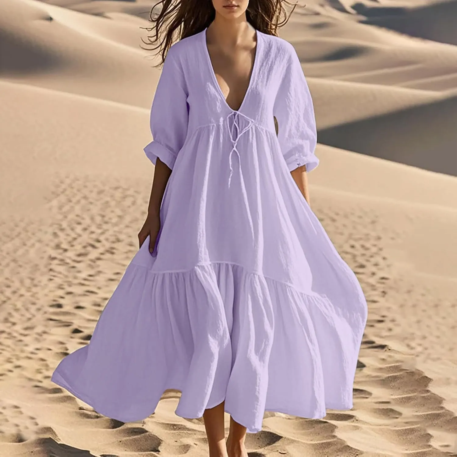 XUNRYAN Women's Summer Boho Dresses Cotton Linen Tiered Casual Flowy Deep V-Neck Tie Maxi Dress Long Sundress Beach Coverup