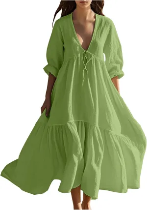 XUNRYAN Women's Summer Boho Dresses Cotton Linen Tiered Casual Flowy Deep V-Neck Tie Maxi Dress Long Sundress Beach Coverup