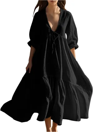 XUNRYAN Women's Summer Boho Dresses Cotton Linen Tiered Casual Flowy Deep V-Neck Tie Maxi Dress Long Sundress Beach Coverup