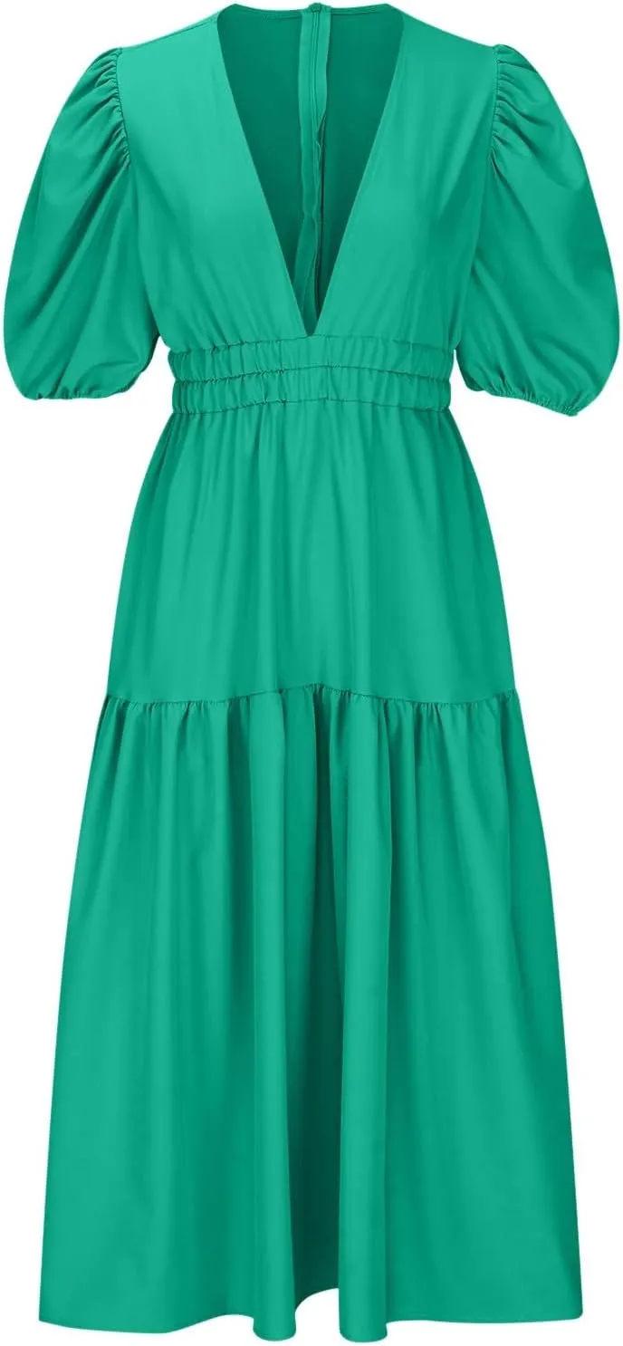 XUNRYAN Women's Summer Boho Maxi Dress 2025 Puff Sleeve Deep V Neck Boho Party Beach Tiered Ruffle Flowy Long Smocked Dresses