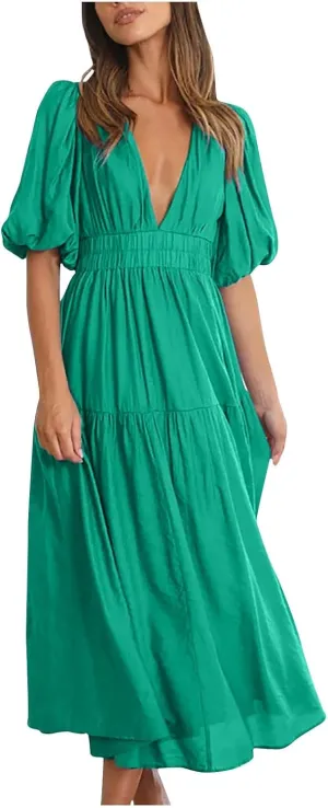 XUNRYAN Women's Summer Boho Maxi Dress 2025 Puff Sleeve Deep V Neck Boho Party Beach Tiered Ruffle Flowy Long Smocked Dresses