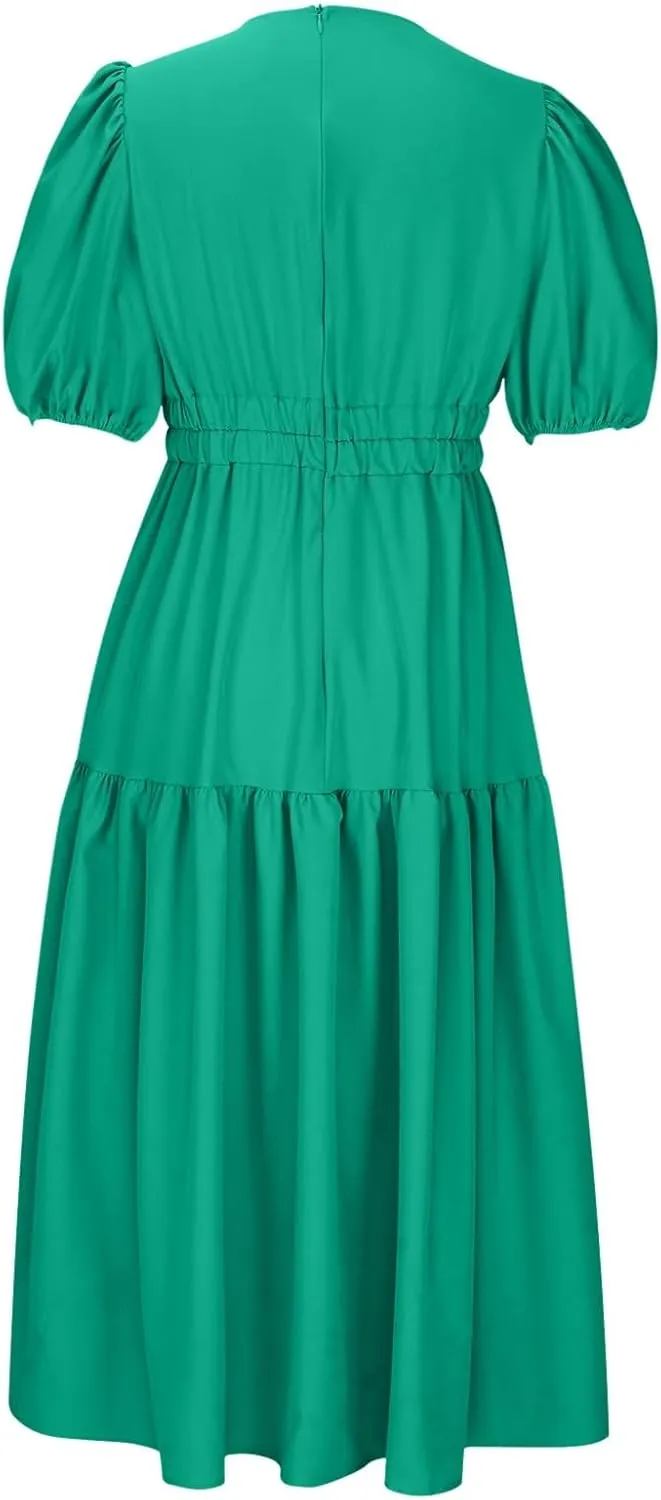 XUNRYAN Women's Summer Boho Maxi Dress 2025 Puff Sleeve Deep V Neck Boho Party Beach Tiered Ruffle Flowy Long Smocked Dresses