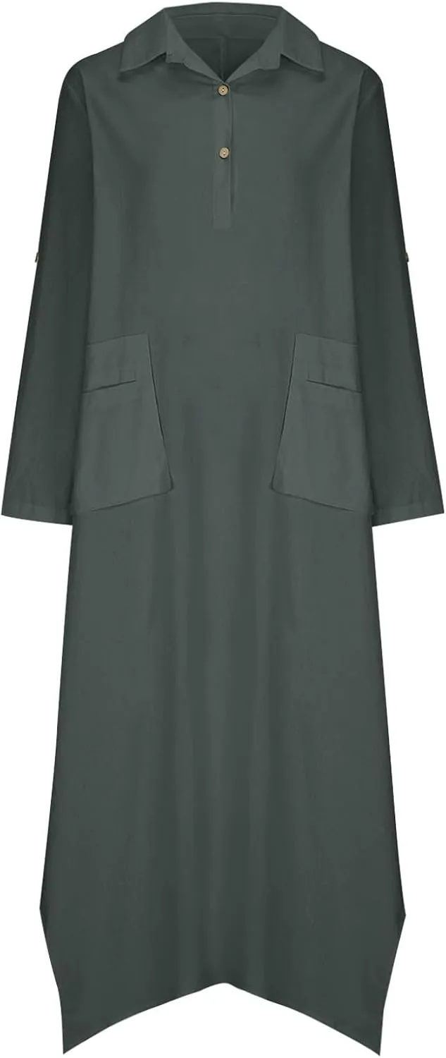 XUNRYAN Womens Summer Casual Cotton Linen Shirt Dress Roll Up Long Sleeve Maxi Dresses Beach Sundress Pockets Vacation Outfit