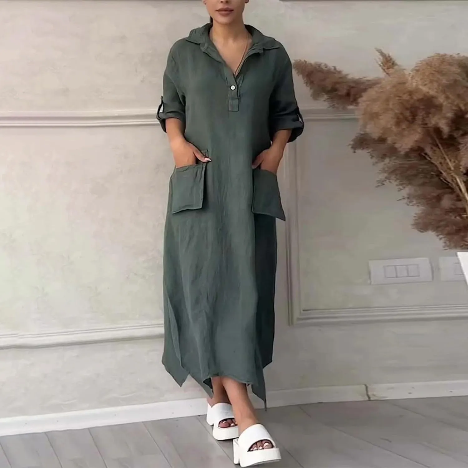XUNRYAN Womens Summer Casual Cotton Linen Shirt Dress Roll Up Long Sleeve Maxi Dresses Beach Sundress Pockets Vacation Outfit