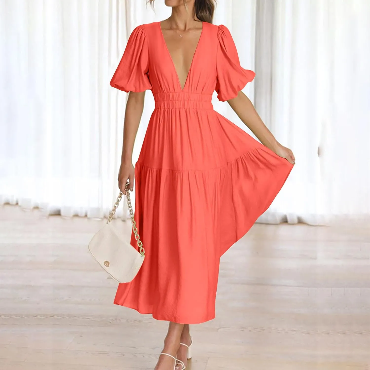 XUNRYAN Womens Summer Deep V Neck Puff Short Sleeve Tiered Dress Elastic High Waist Flowy A-Line Midi Dresses Fashion Clothes