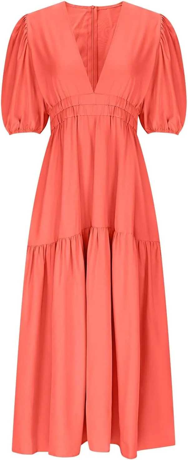 XUNRYAN Womens Summer Deep V Neck Puff Short Sleeve Tiered Dress Elastic High Waist Flowy A-Line Midi Dresses Fashion Clothes