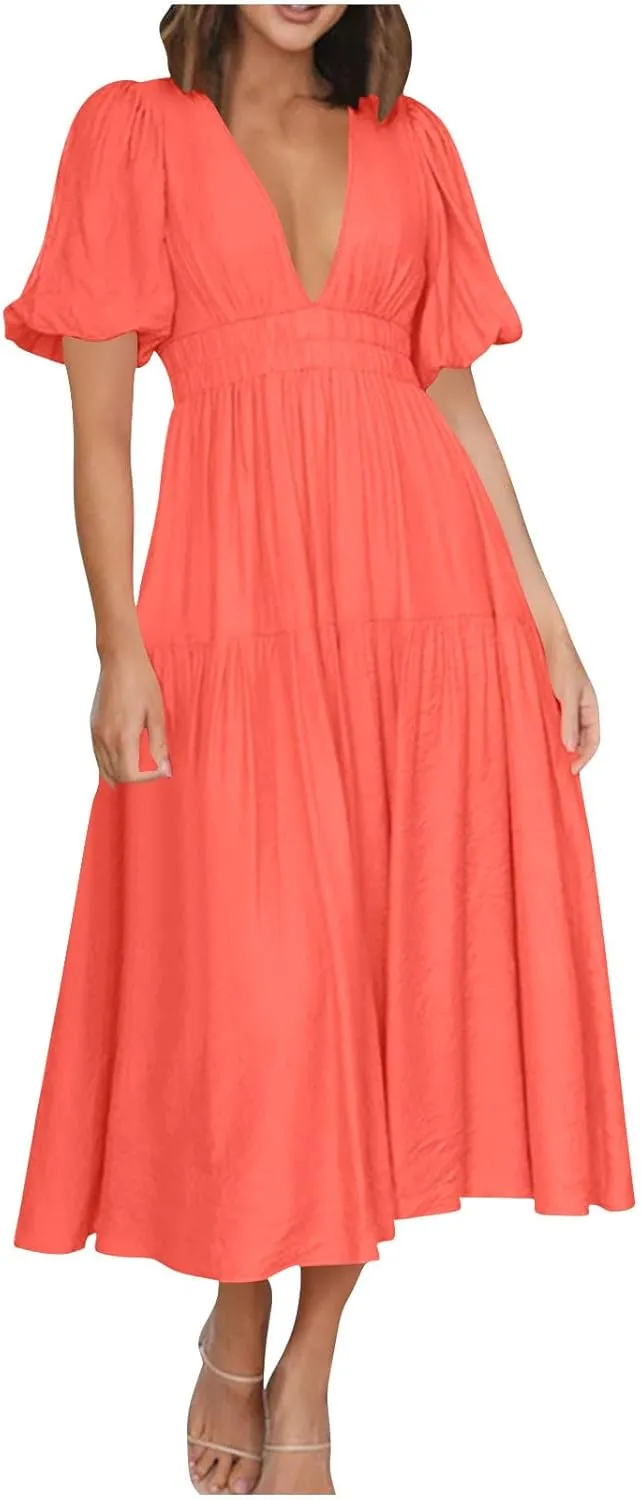 XUNRYAN Womens Summer Deep V Neck Puff Short Sleeve Tiered Dress Elastic High Waist Flowy A-Line Midi Dresses Fashion Clothes