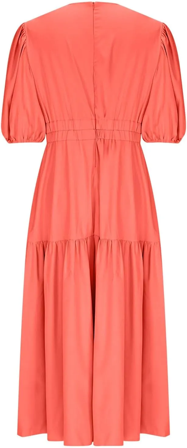 XUNRYAN Womens Summer Deep V Neck Puff Short Sleeve Tiered Dress Elastic High Waist Flowy A-Line Midi Dresses Fashion Clothes