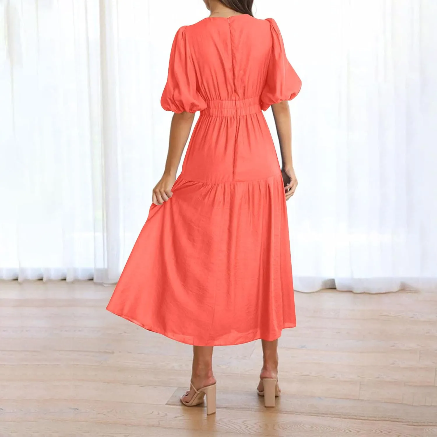 XUNRYAN Womens Summer Deep V Neck Puff Short Sleeve Tiered Dress Elastic High Waist Flowy A-Line Midi Dresses Fashion Clothes