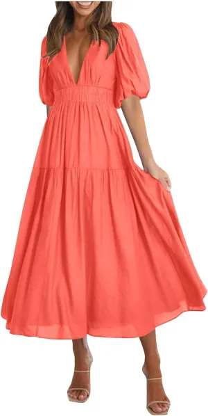 XUNRYAN Womens Summer Deep V Neck Puff Short Sleeve Tiered Dress Elastic High Waist Flowy A-Line Midi Dresses Fashion Clothes