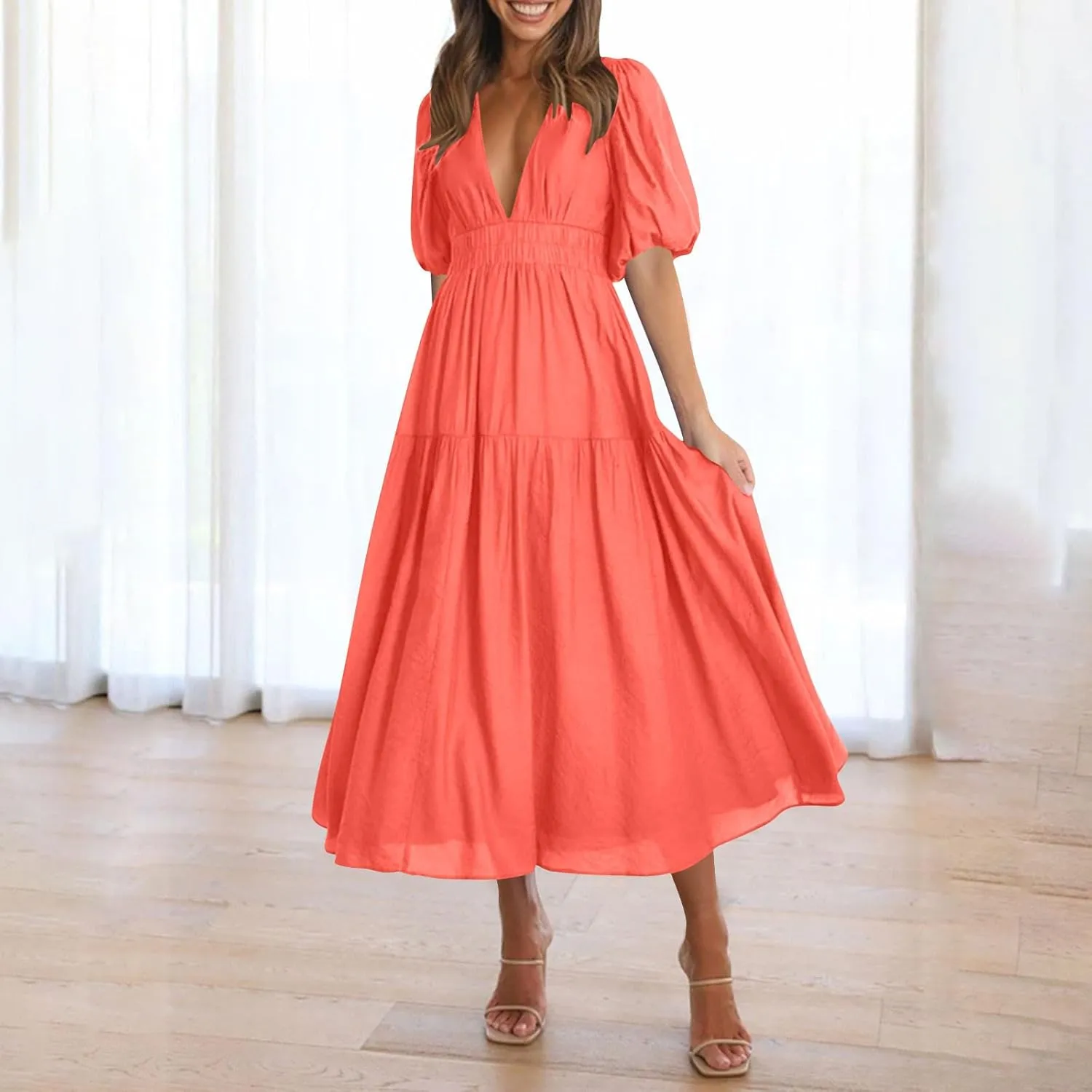 XUNRYAN Womens Summer Deep V Neck Puff Short Sleeve Tiered Dress Elastic High Waist Flowy A-Line Midi Dresses Fashion Clothes