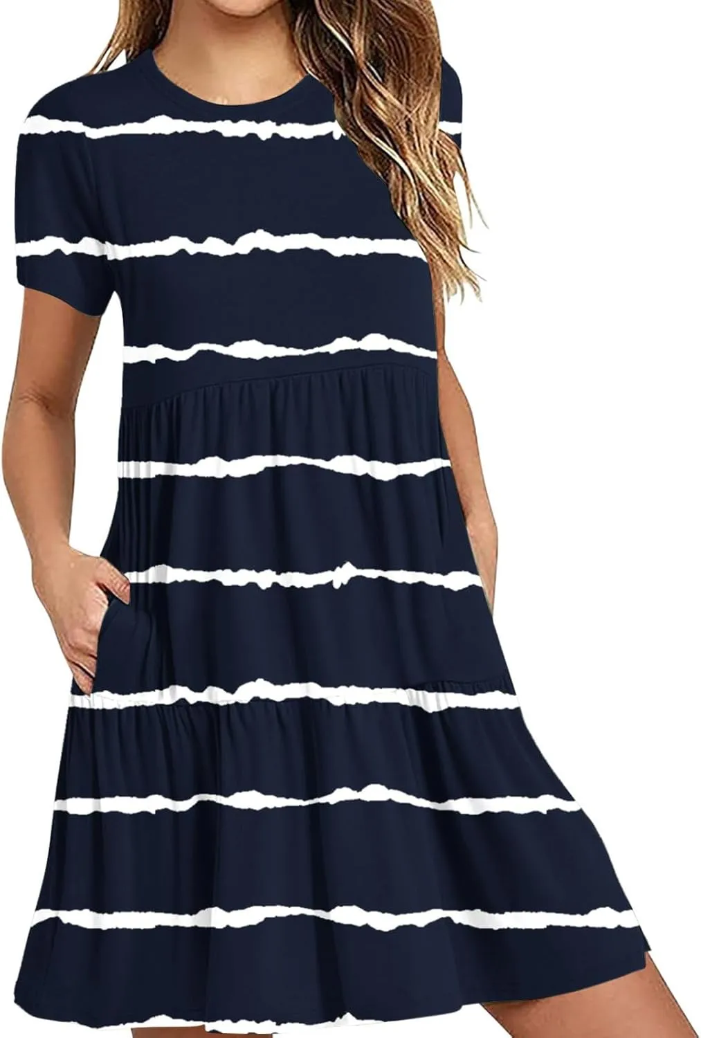 XUNRYAN Womens Summer Dress Casual Short Sleeve Striped Flowy Tunic Tops Shirt Mini Dresses Pleated Beach Sundress Pockets