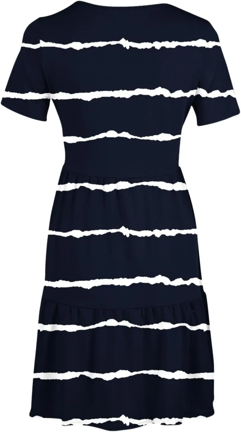 XUNRYAN Womens Summer Dress Casual Short Sleeve Striped Flowy Tunic Tops Shirt Mini Dresses Pleated Beach Sundress Pockets