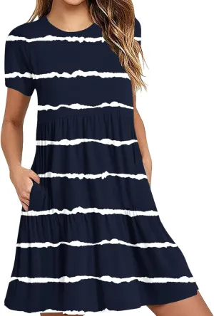 XUNRYAN Womens Summer Dress Casual Short Sleeve Striped Flowy Tunic Tops Shirt Mini Dresses Pleated Beach Sundress Pockets