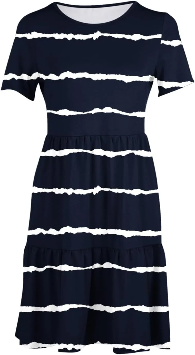 XUNRYAN Womens Summer Dress Casual Short Sleeve Striped Flowy Tunic Tops Shirt Mini Dresses Pleated Beach Sundress Pockets