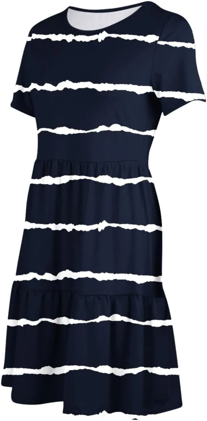 XUNRYAN Womens Summer Dress Casual Short Sleeve Striped Flowy Tunic Tops Shirt Mini Dresses Pleated Beach Sundress Pockets