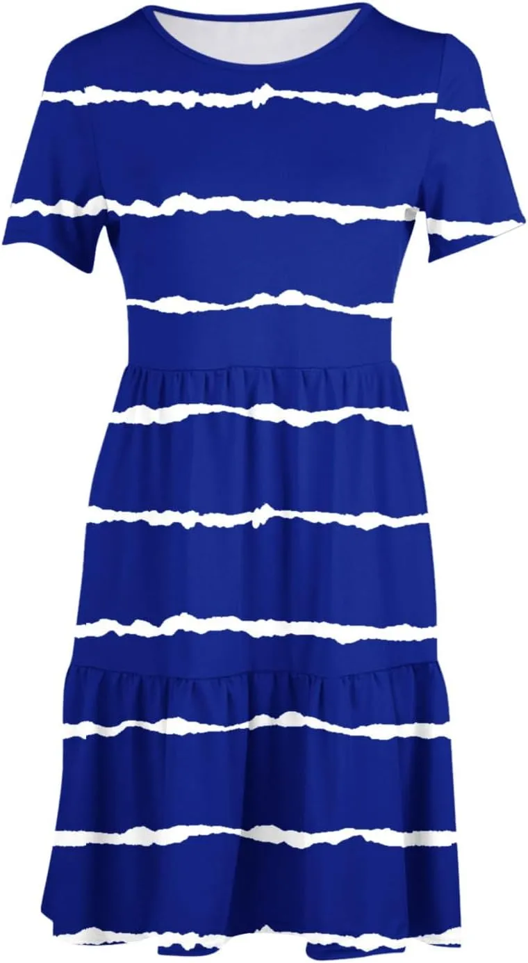 XUNRYAN Womens Summer Dress Casual Short Sleeve Striped Flowy Tunic Tops Shirt Mini Dresses Pleated Beach Sundress Pockets