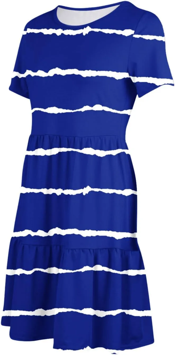 XUNRYAN Womens Summer Dress Casual Short Sleeve Striped Flowy Tunic Tops Shirt Mini Dresses Pleated Beach Sundress Pockets