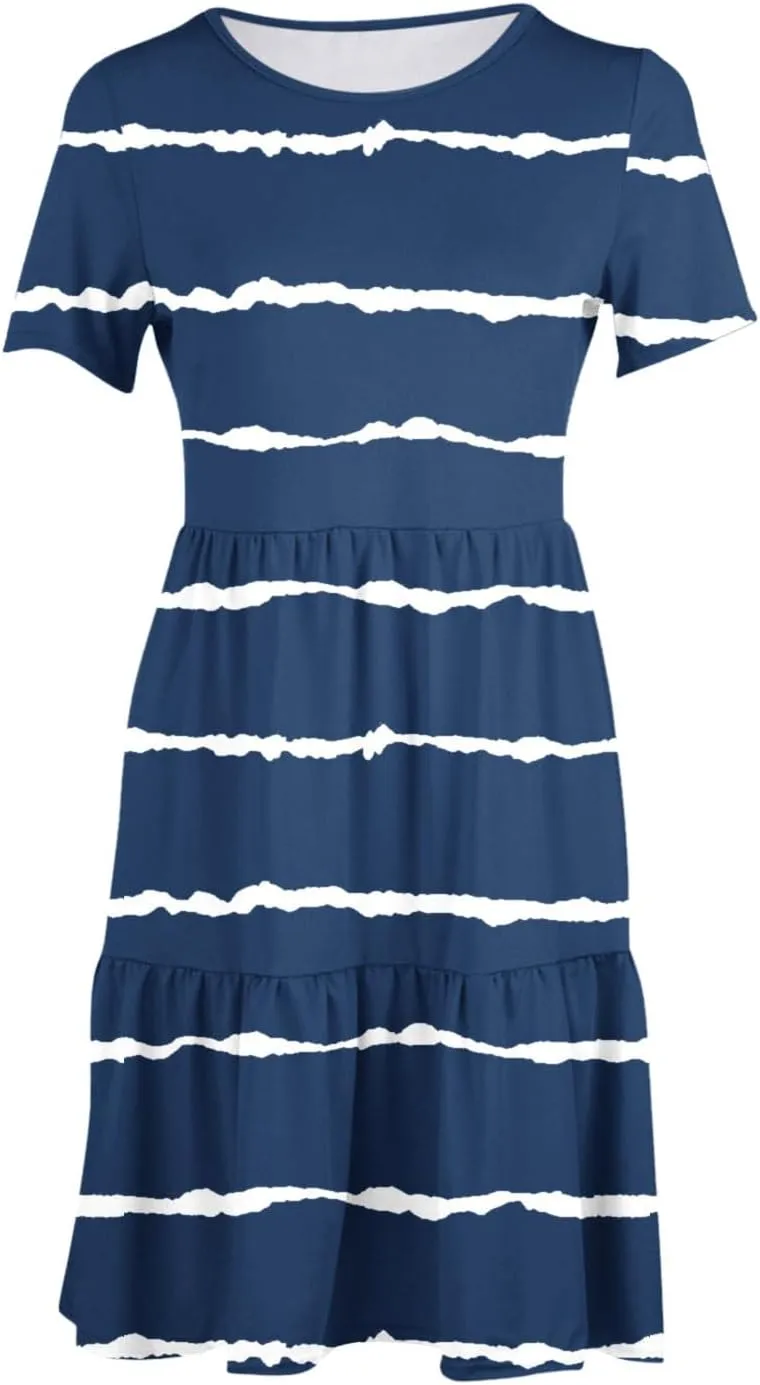 XUNRYAN Womens Summer Dress Casual Short Sleeve Striped Flowy Tunic Tops Shirt Mini Dresses Pleated Beach Sundress Pockets