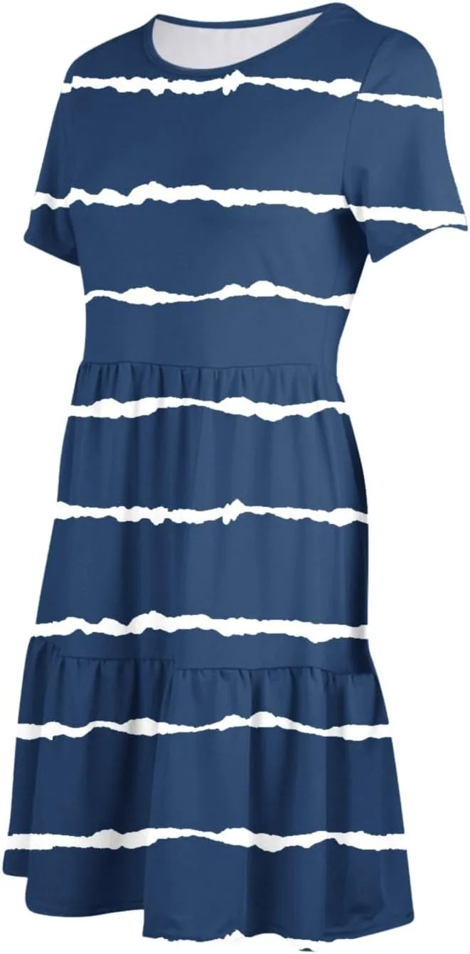 XUNRYAN Womens Summer Dress Casual Short Sleeve Striped Flowy Tunic Tops Shirt Mini Dresses Pleated Beach Sundress Pockets