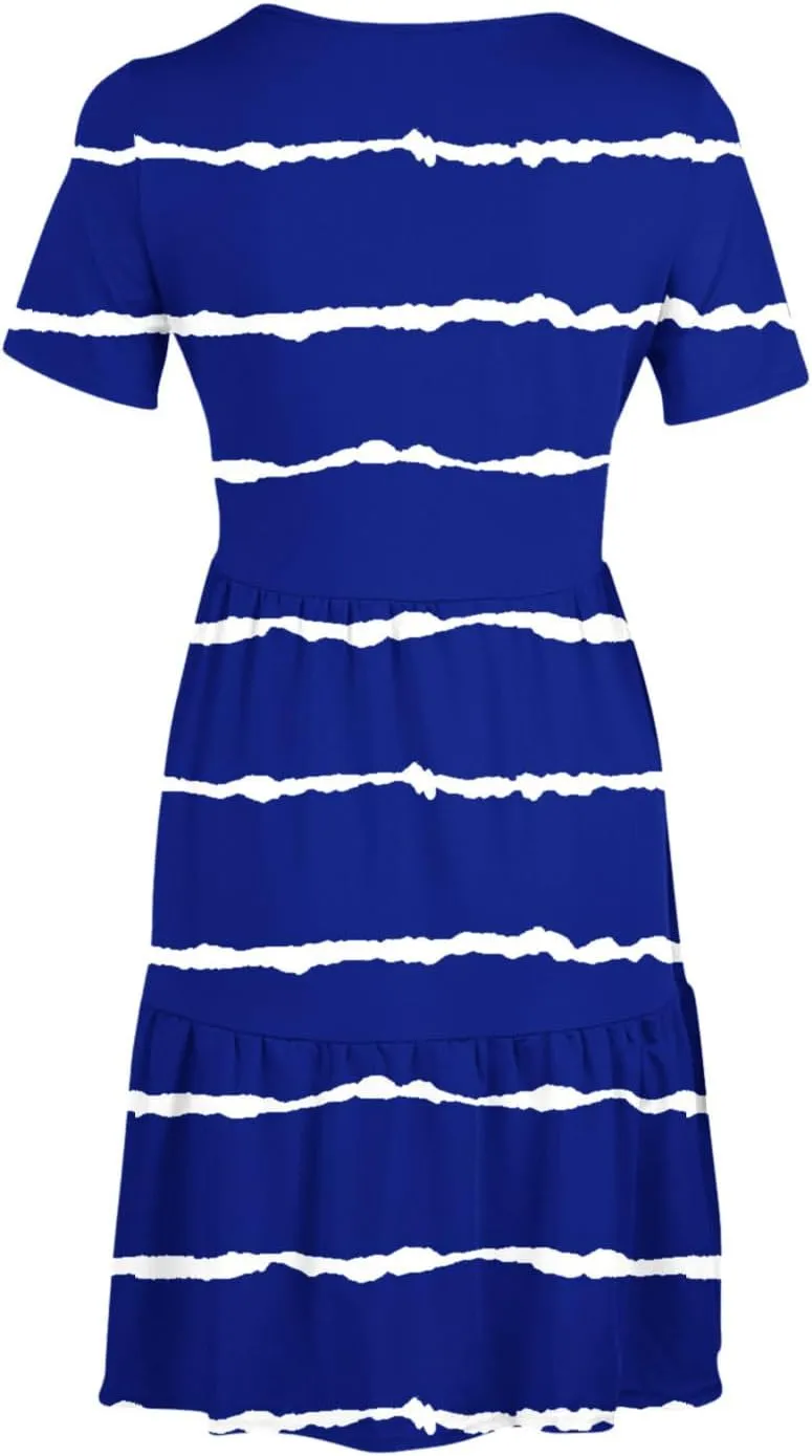 XUNRYAN Womens Summer Dress Casual Short Sleeve Striped Flowy Tunic Tops Shirt Mini Dresses Pleated Beach Sundress Pockets