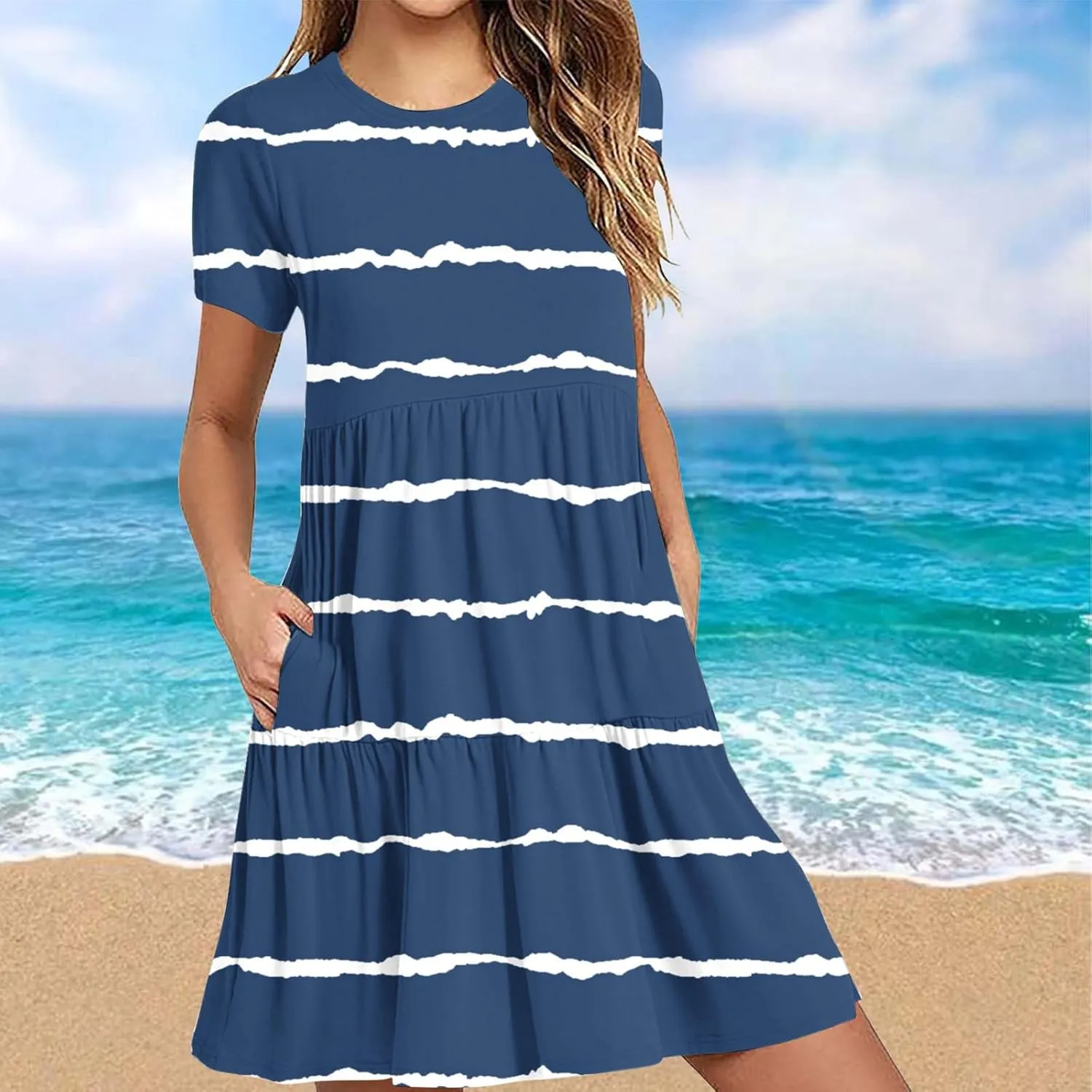 XUNRYAN Womens Summer Dress Casual Short Sleeve Striped Flowy Tunic Tops Shirt Mini Dresses Pleated Beach Sundress Pockets
