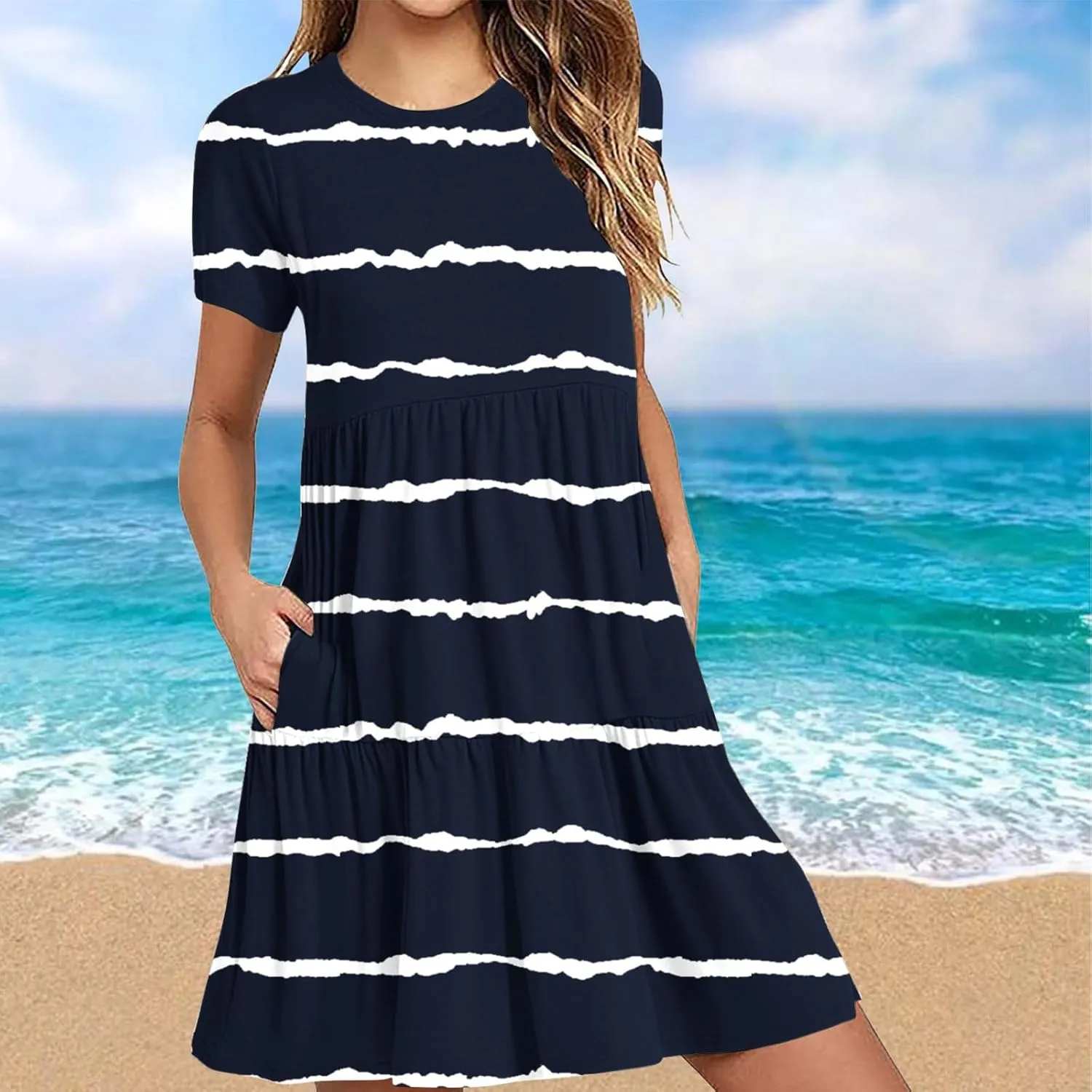 XUNRYAN Womens Summer Dress Casual Short Sleeve Striped Flowy Tunic Tops Shirt Mini Dresses Pleated Beach Sundress Pockets
