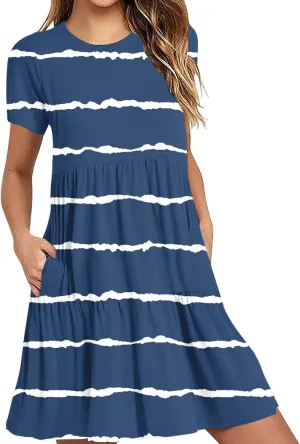 XUNRYAN Womens Summer Dress Casual Short Sleeve Striped Flowy Tunic Tops Shirt Mini Dresses Pleated Beach Sundress Pockets