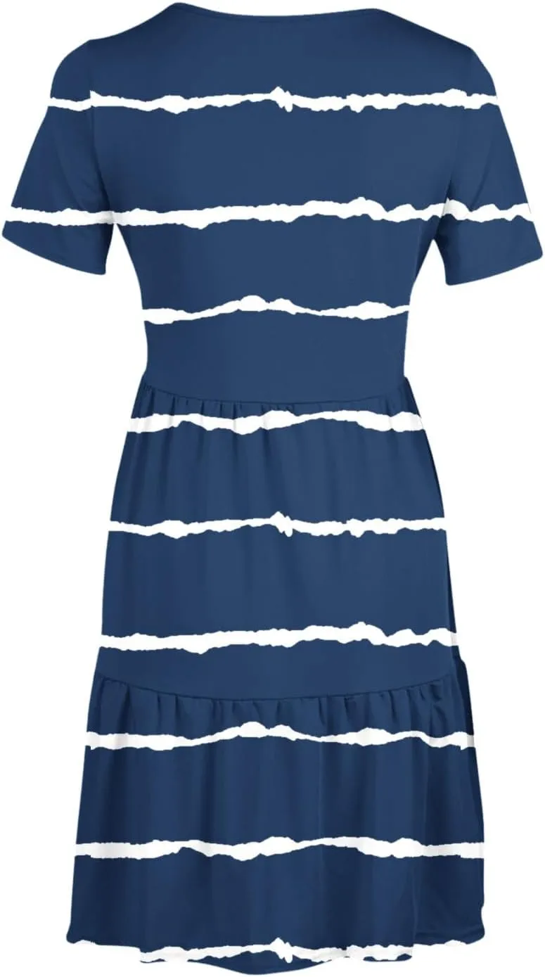 XUNRYAN Womens Summer Dress Casual Short Sleeve Striped Flowy Tunic Tops Shirt Mini Dresses Pleated Beach Sundress Pockets