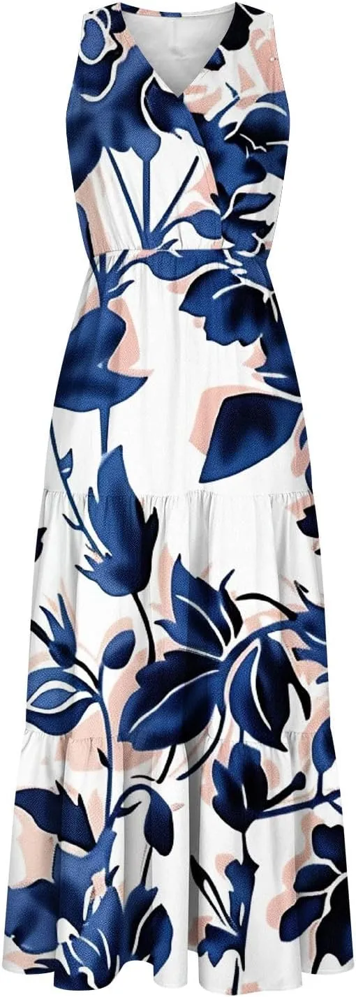 XUNRYAN Womens Summer Dresses 2025 Sleeveless Maxi Dress V-Neck Casual Tiered Long Sundress w Pockets Beach Vacation Outfit