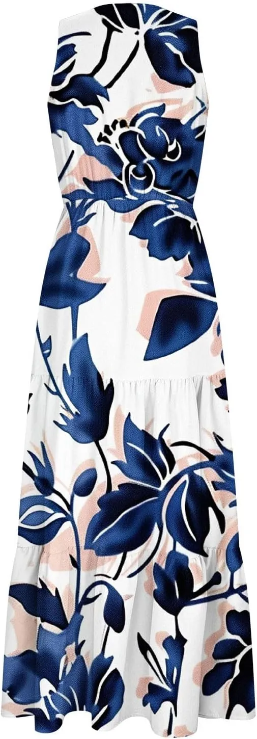 XUNRYAN Womens Summer Dresses 2025 Sleeveless Maxi Dress V-Neck Casual Tiered Long Sundress w Pockets Beach Vacation Outfit
