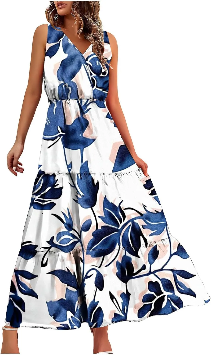 XUNRYAN Womens Summer Dresses 2025 Sleeveless Maxi Dress V-Neck Casual Tiered Long Sundress w Pockets Beach Vacation Outfit