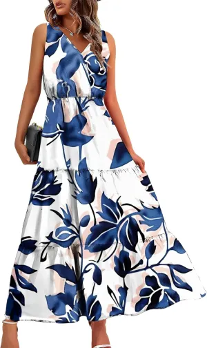 XUNRYAN Womens Summer Dresses 2025 Sleeveless Maxi Dress V-Neck Casual Tiered Long Sundress w Pockets Beach Vacation Outfit