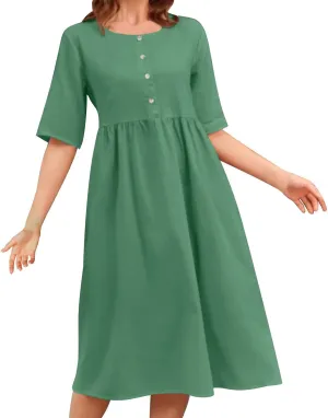 XUNRYAN Women's Summer Dresses Cotton Linen Casual Button Crewneck Midi Dress Half Sleeve Sundress Beach Vacation Outfit