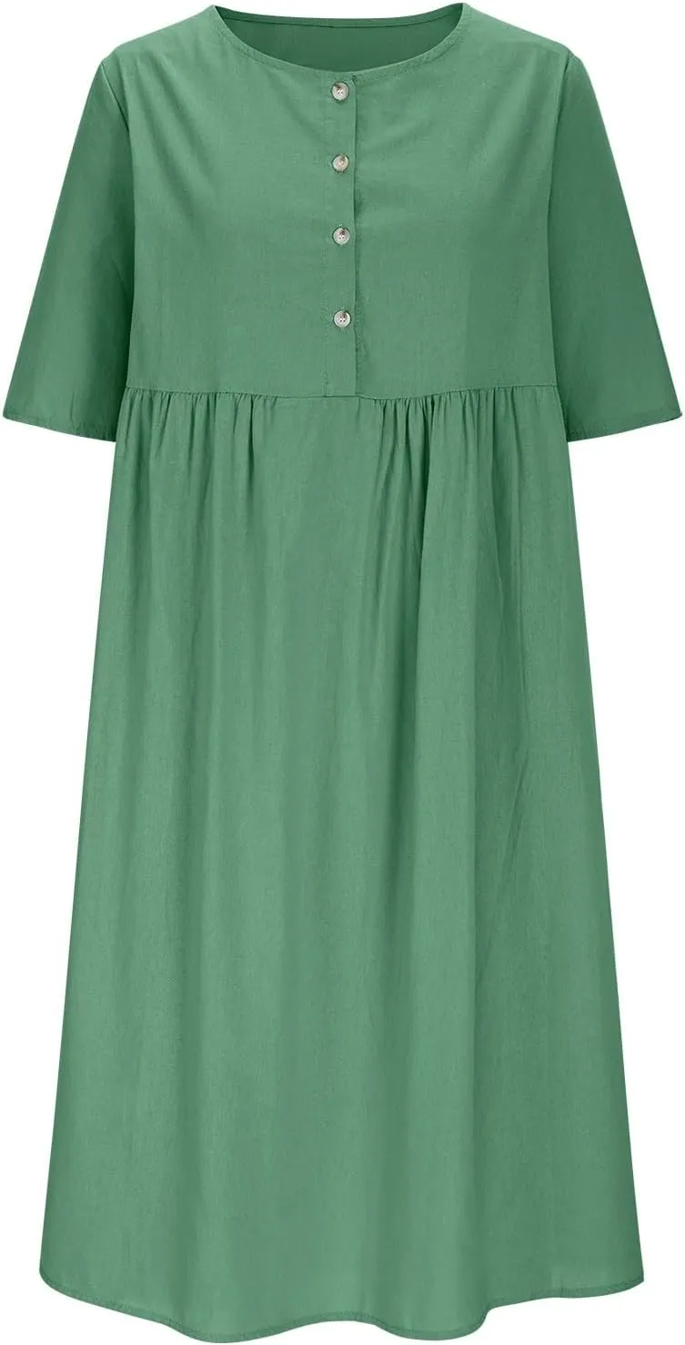 XUNRYAN Women's Summer Dresses Cotton Linen Casual Button Crewneck Midi Dress Half Sleeve Sundress Beach Vacation Outfit