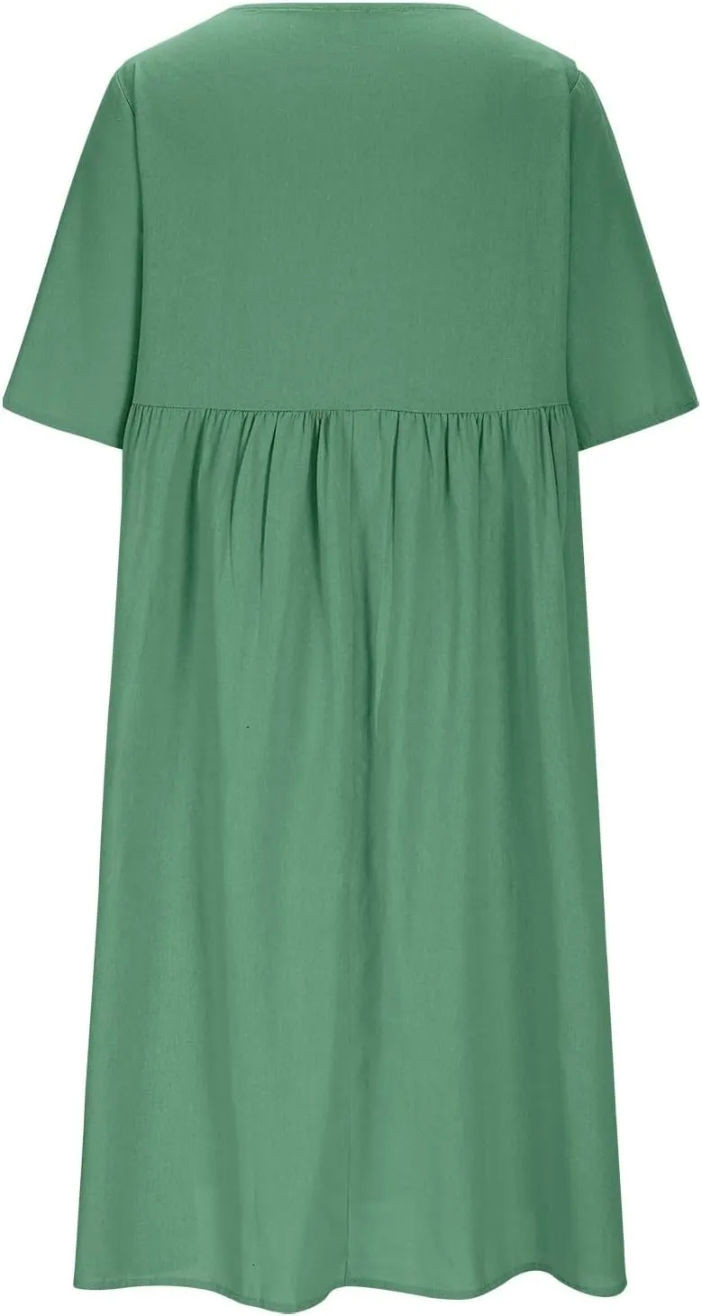 XUNRYAN Women's Summer Dresses Cotton Linen Casual Button Crewneck Midi Dress Half Sleeve Sundress Beach Vacation Outfit